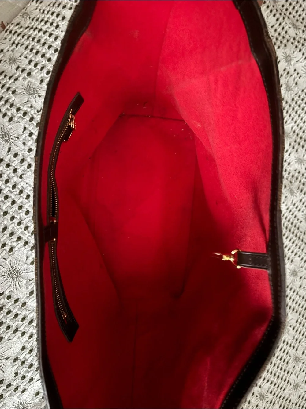 Louis Vuitton Damier Ebene Tote with Red Interior Trim